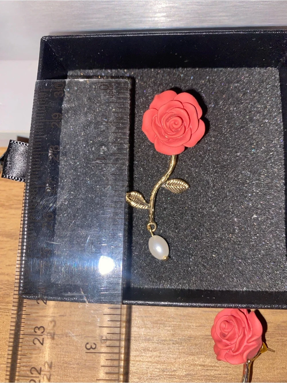 Vintage Inspired Red Rose Gold Stem Delicate Leaves Dangling Pearl Drop Earrings